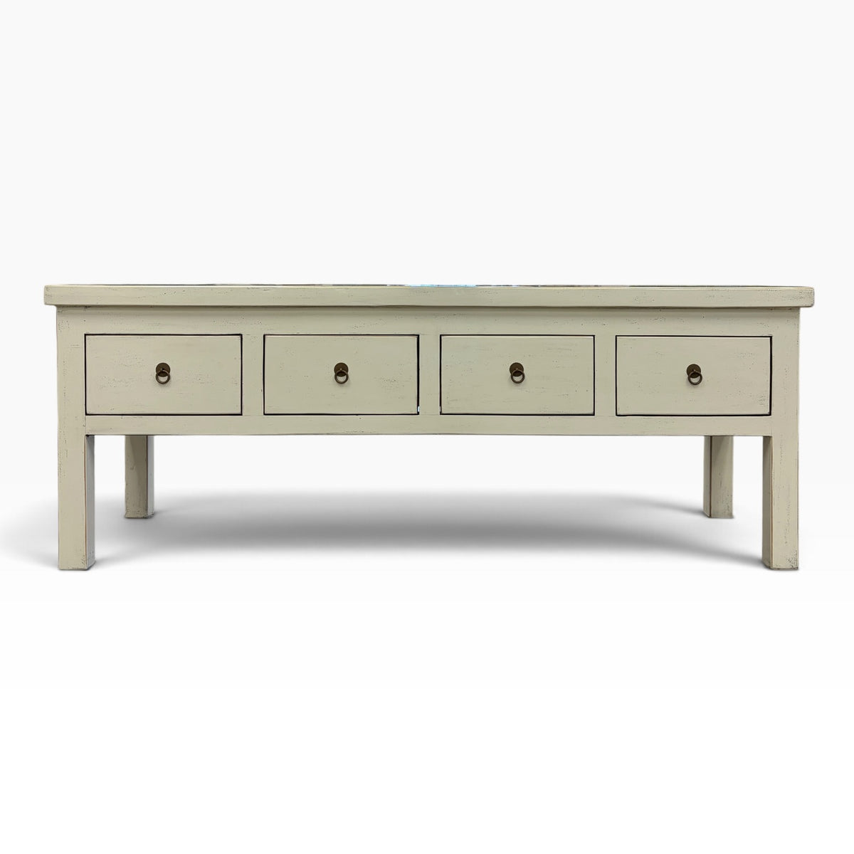 Valtteri Low Console in distressed cream finish with four drawers