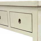Valtteri Low Console drawer detail with distressed cream finish and metal ring handle
