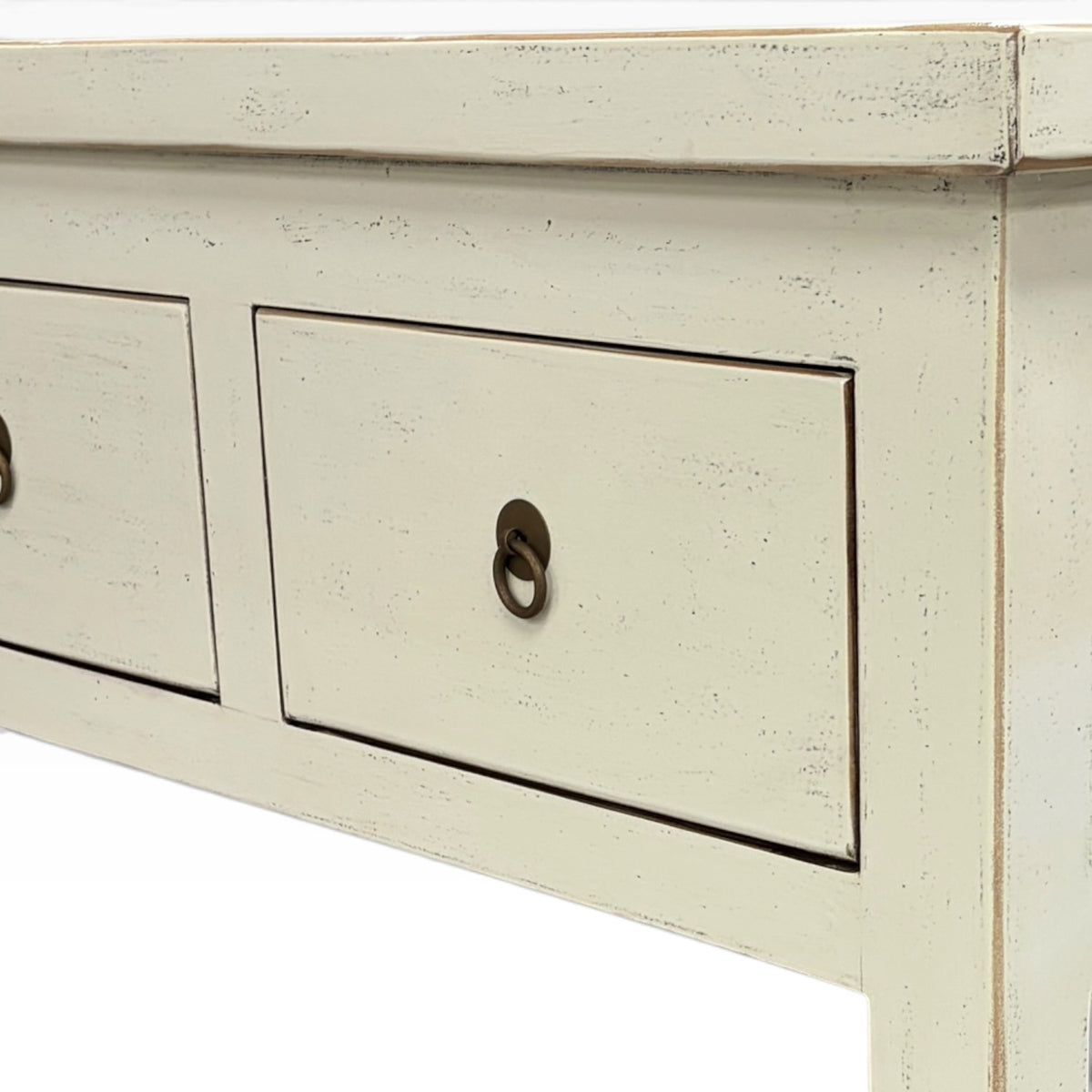 Valtteri Low Console drawer detail with distressed cream finish and metal ring handle